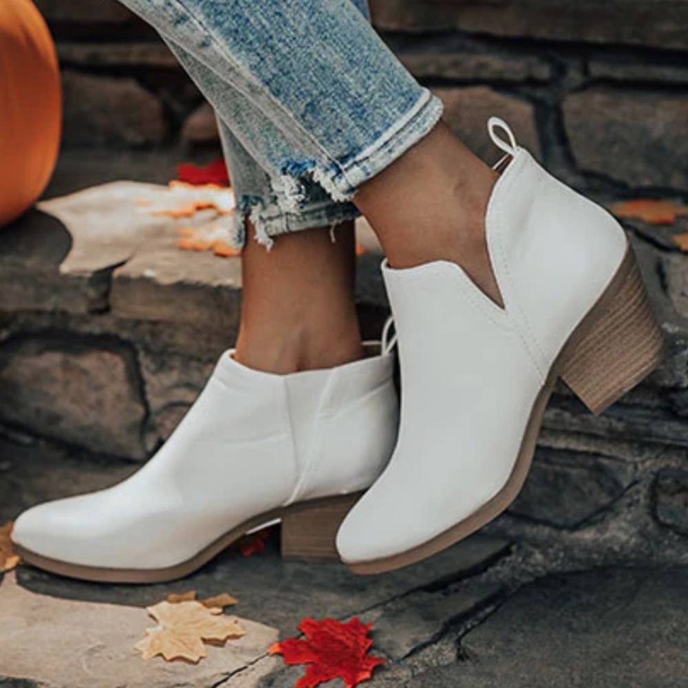 Faux Leather White Ankle Boots